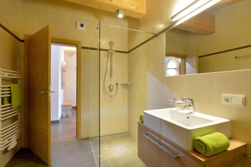 エルマウにあるAppartement Erlenauのバスルーム(洗面台、ガラス張りのシャワー付)