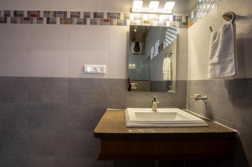 a bathroom with a sink and a mirror at KSTDC Hotel Mayura Hoysala, Mysore in Mysore