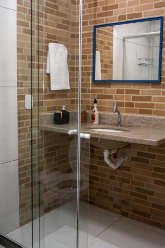 a bathroom with a shower with a sink and a mirror at Pousada Rua de Lazer in Domingos Martins