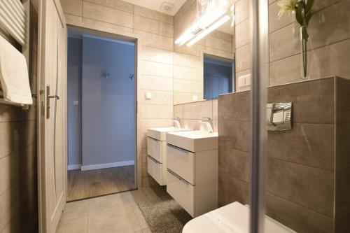 a bathroom with a sink and a toilet at Apartamenty Pod Gwiazdami in Ustroń