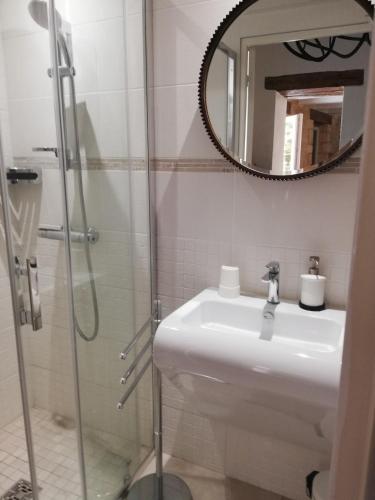 une salle de bain avec un lavabo et une douche avec un miroir dans l'établissement Gîte de La Fontaine, à Manobre