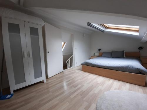 a bedroom with a bed and a skylight at Central and Cozy in Brussels in Brussels