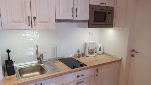 a kitchen counter with a sink and a microwave at St Lucia Castle in Banjol