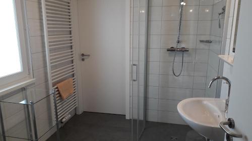 ein Bad mit einer Glasdusche und einem Waschbecken in der Unterkunft Ferienhaus Jütte in Ebergötzen