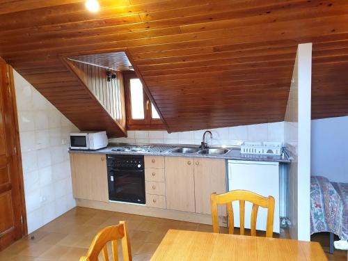 cocina con fregadero y mesa con sillas en Apartament Casa Xulla 2, en Taüll