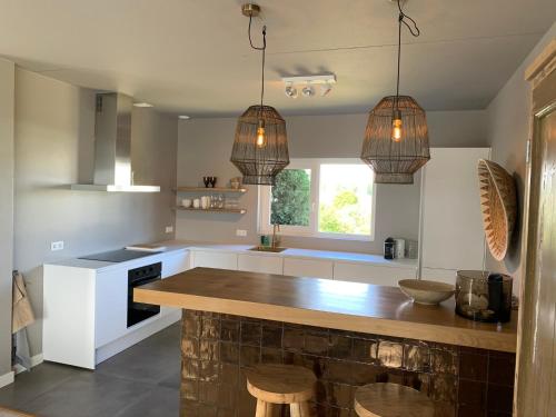 una cocina con encimera y dos luces colgantes en Luxe villa voor 8 personen met uitzicht over het Veerse Meer, en Kortgene