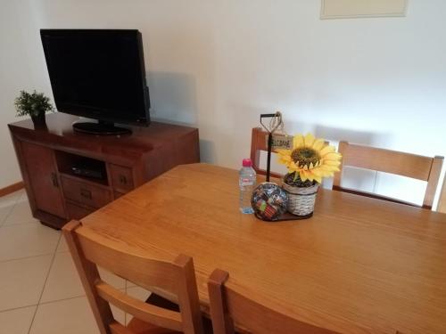 a wooden table with a television and a flower on it at Vilas Horizonte in Porto Santo