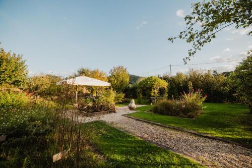 a garden with a table and an umbrella at Abbazia Sette Frati Agriturismo Fratres in Pietrafitta