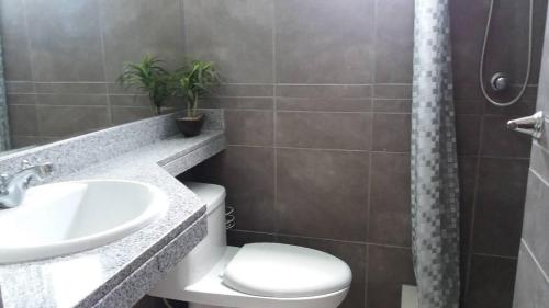 a bathroom with a toilet and a sink and a shower at El Refugio in Punta Hermosa
