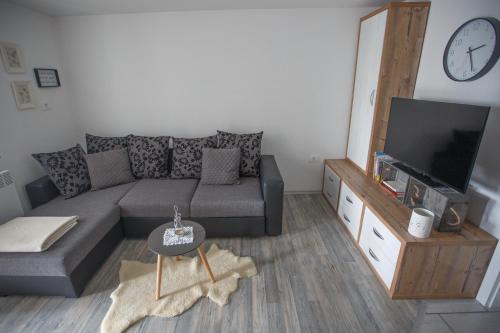 a living room with a couch and a flat screen tv at Apartma Natura Kope in Šmartno pri Slovenj Gradcu