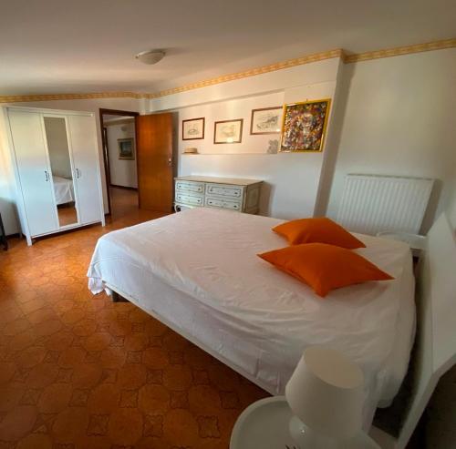 1 dormitorio con 1 cama blanca grande con almohadas de color naranja en La casa di Anita, en Civita Castellana