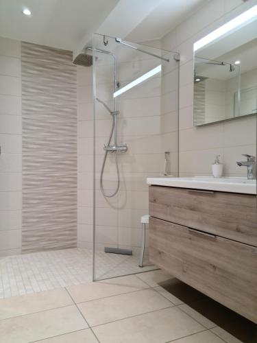 een badkamer met een douche en een wastafel bij FeWo Meerblick Prora in Binz
