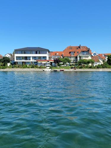 a large body of water with houses in the background at Strandhaus Eberle in Immenstaad am Bodensee