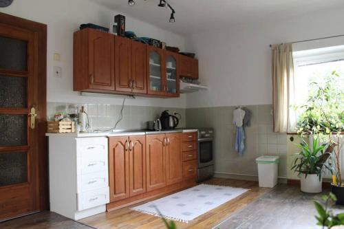 a kitchen with wooden cabinets and a window at Krásný apartmán v bráně Lužických hor in Cvikov