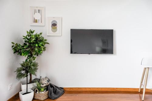 a living room with a flat screen tv on a wall at Trendy Apartments in Funchal