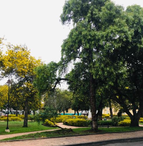 a park with trees and a sidewalk and a street at Hotel Posada de San Agustin in Tunja