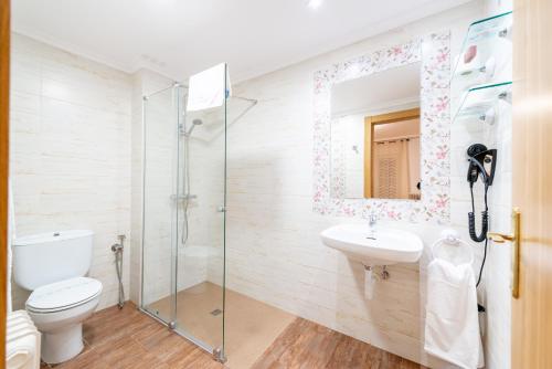 a bathroom with a shower and a toilet and a sink at Tierra de la Reina in Boca de Huérgano