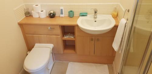 Baño pequeño con lavabo y aseo en Sun Gardens Serviced Apartment, en Thornaby on Tees