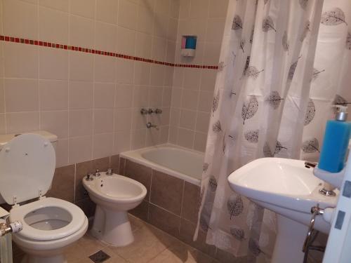 une salle de bain avec toilettes, lavabo et baignoire dans l'établissement DEPARTAMENTO CALAFATE CENTRICO #2, à El Calafate