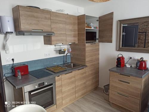 Elle comprend une petite cuisine avec des placards en bois et un évier. dans l'établissement Cosy Solidor T2 avec jardin terrasse 100m plage, à Saint-Malo