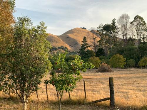 a fence in a field with hills in the background at Quail Farm, Colonial charm in Nelson