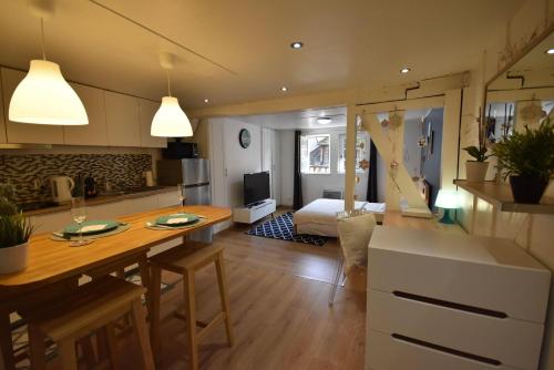 une cuisine et un salon avec une table et un lit dans l'établissement STUDIO dans le COEUR HISTORIQUE (WIFI et GARE), à Troyes