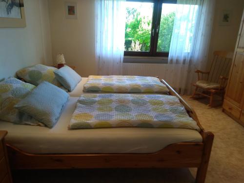two twin beds in a bedroom with a window at Ferienwohnung Meyer mit Garten in Haundorf