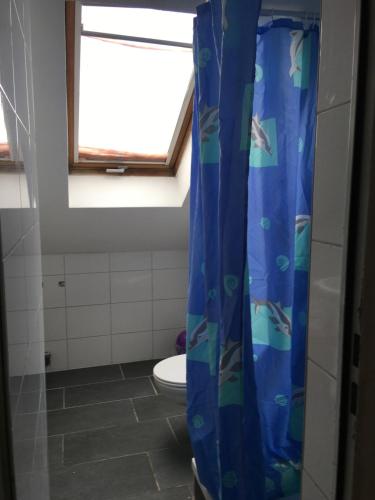 a bathroom with a toilet with a blue shower curtain at Pension Alis Augsburg in Augsburg