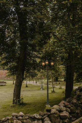 a street light in a park with trees at Torma Puhkemaja ja Glämping in Torma