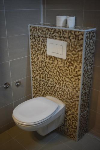 a bathroom with a toilet with a wall at Garni hotel Mali predah - novi deo in Knjazevac.