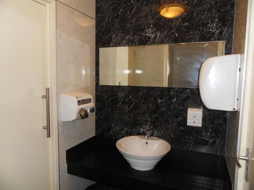 a bathroom with a sink and a mirror at Hotel Montagna Delmondo in Valkenburg