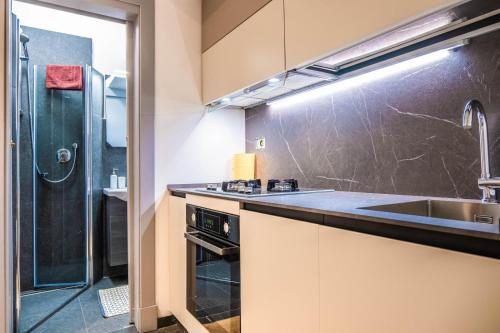 a kitchen with a sink and a shower at Vatican Comfort Apartment in Rome