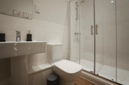 La salle de bains est pourvue de toilettes, d'une douche et d'un lavabo. dans l'établissement Apartment 2, Isabella House, Aparthotel, By RentMyHouse, à Hereford