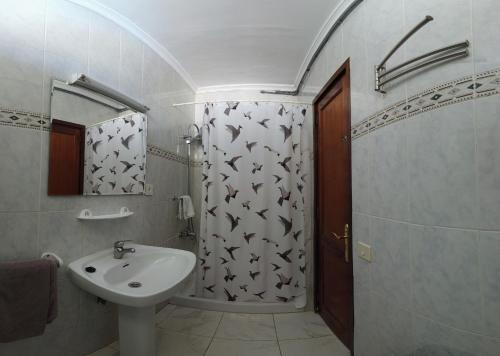 a bathroom with a sink and a shower curtain with birds at Apartamentos Montemar in Playa del Ingles