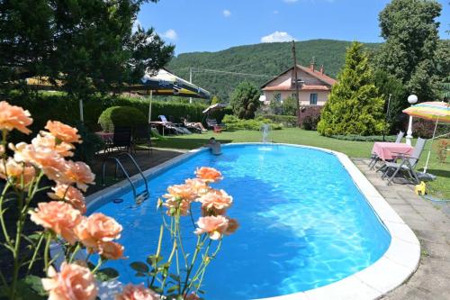 a blue swimming pool in a yard with flowers at Veliki Raj Plus in Stenjevac