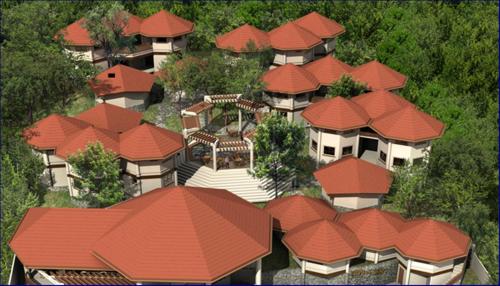 an overhead view of a bunch of houses with red roofs at Coron Hilltop View Resort in Coron