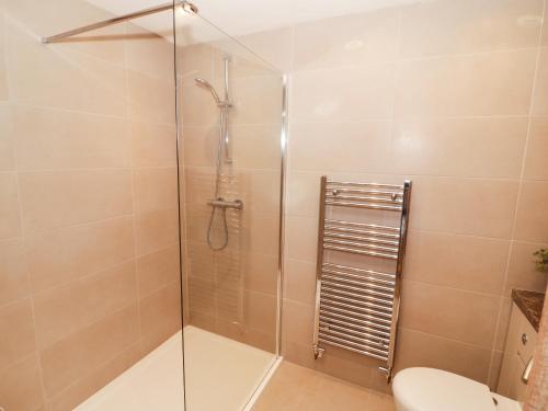 uma casa de banho com uma cabina de duche em vidro e um WC. em Llain Mai em Llangefni