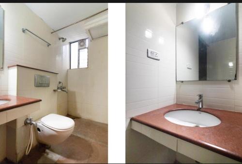 2 fotos de un baño con aseo y lavabo en Hotel Vassi Palaze, en Chengalpattu
