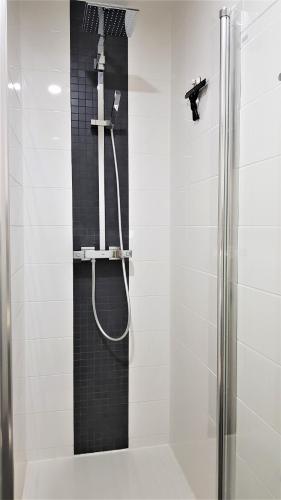 a bathroom with a shower with a glass door at Ferienwohnungen Hankenstraße in Bremen