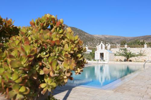 a view of a swimming pool with a building in the background at Avgerinos Village in Agiassos