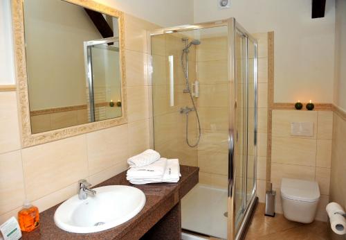 a bathroom with a sink and a shower at Hotel Sandro Silver in Leszno