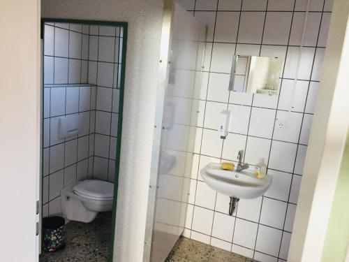 ein Bad mit einem Waschbecken und einem WC in der Unterkunft Neo Event Hall room Neo2 in Staufenberg