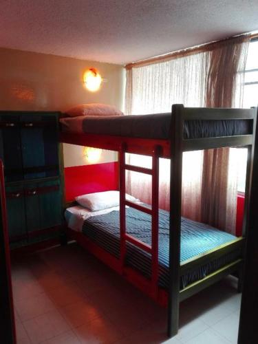 two bunk beds in a room with a window at Flying Donkey in Otavalo