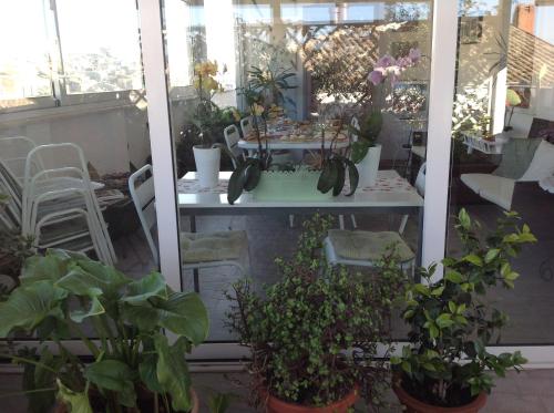 a balcony with potted plants and a table on it at Attico Da Rosa con vista spettacolare a 360 gradi in Caltagirone