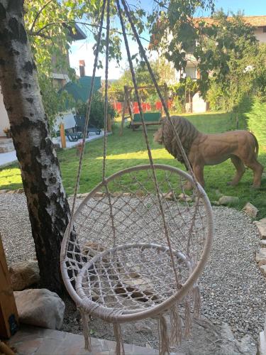a dog is standing behind a swing at Guest House Kalina in Sapareva Banya