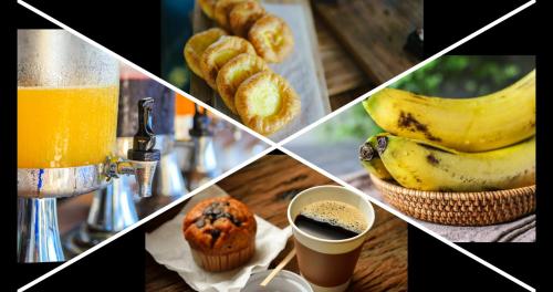 a collage of pictures of different types of breakfast foods at Beachfront Palms Hotel Galveston in Galveston