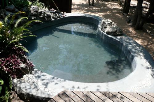 a small pool of water next to a wooden deck at Off Beat Safaris Bush Lodge in Hoedspruit