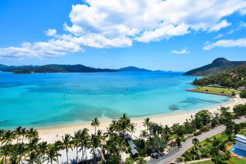 Una vista de una playa con palmeras y el océano. en Beachfront Hamilton Island, en Hamilton Island