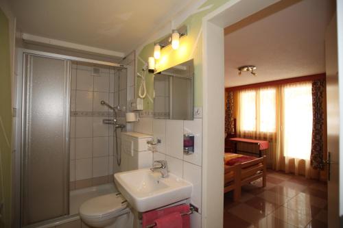 La salle de bains est pourvue d'un lavabo, de toilettes et d'une douche. dans l'établissement Hotel Klein Matterhorn, à Randa