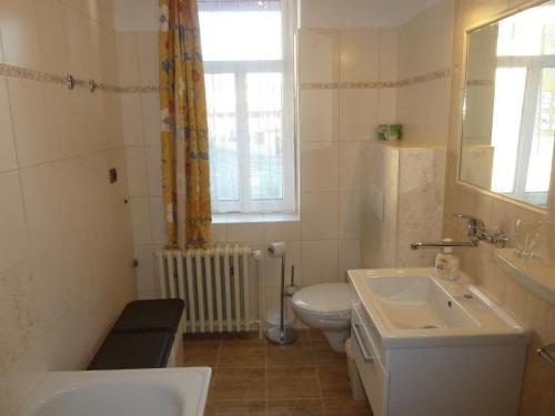 a bathroom with a sink and a toilet at Penzion Holiday in Mariánské Lázně